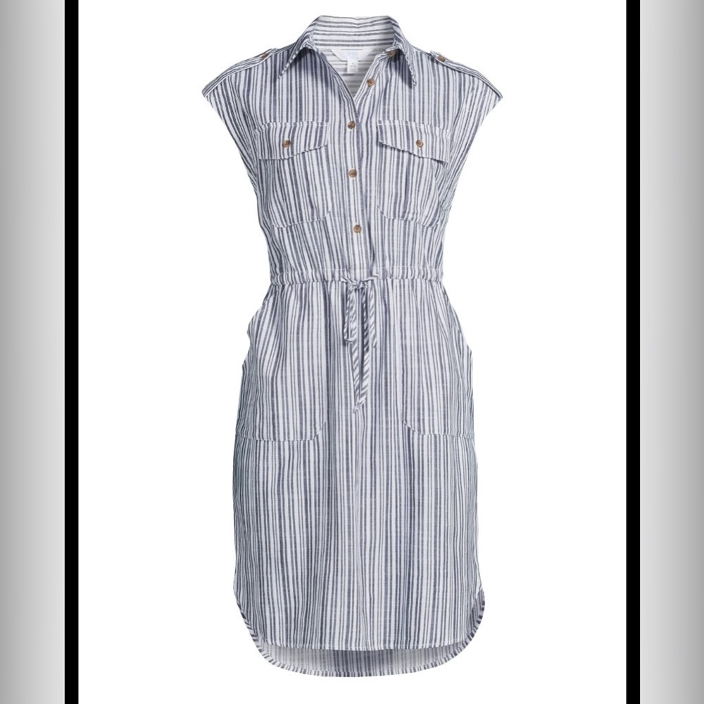 Monteau LA 100% Rayon Shirt Dress Midi Length Blue White Stripe Sz XS